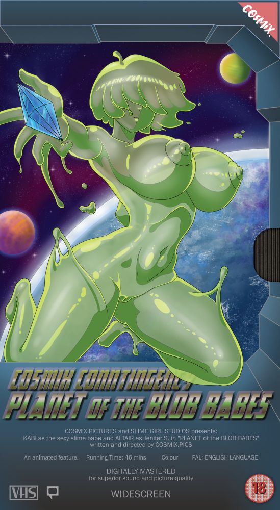 Drawing of a fake VHS box sleeve of a slime girl movie 