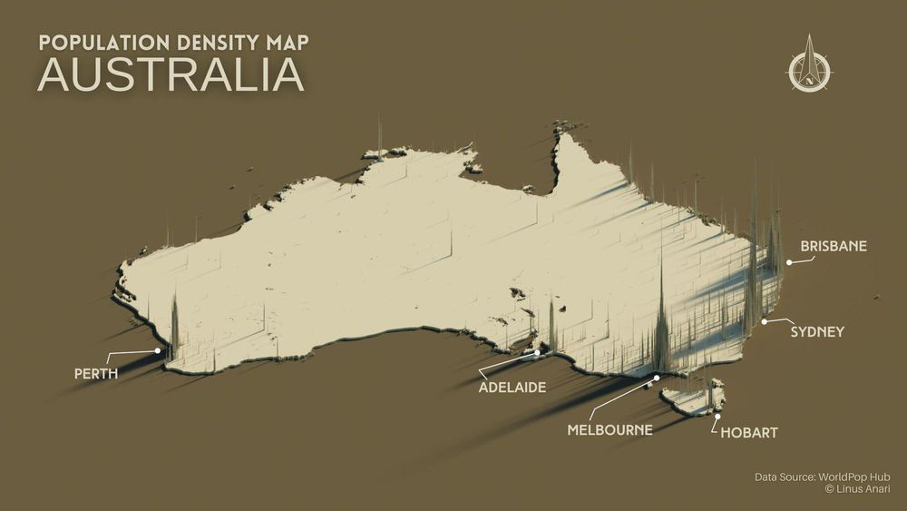 population density map of Australia, showing virtually all the population to be clustered in a few big cities along the coasts