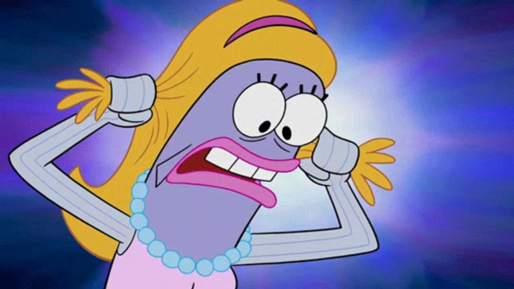 a cartoon character with blonde hair and a blue necklace