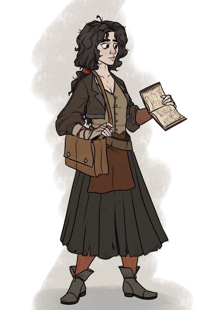 Marjorie Withers, a woman wearing weathered and mismatched brown clothes. She has lots of bushy brown hair loosely tied back, and tired grey eyes.
