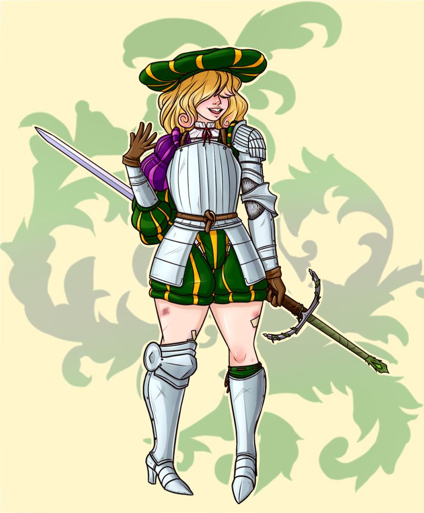 Sir Wendelina, a woman with wavy blond hair that covers her eyes stands  holding a two handed sword behind her back. She wears shining silver armour and poofy yellow and green sleeves, shorts, and a hat. She is smiling and has prominent buckteeth and lots of scratches on her legs.
