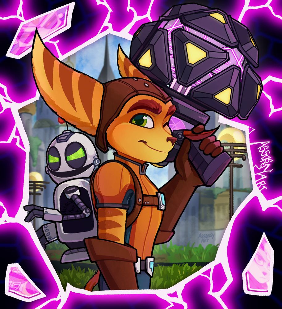 Drawing of Ratchet and Clank inside a rift. The background is Kerwan, and Ratchet is holding a Dimensionator in his hand. Pieces of the rifts have Rivet, Dr. Nefarious, and Kit in their reflections.