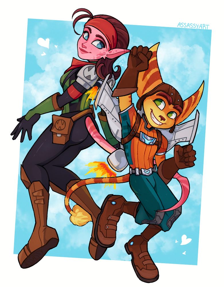 Drawing of Talwyn and Ratchet flying in the air with their jetpacks. Talwyn has her back facing Ratchet with her head looking over her shoulder, while Ratchet has one arm up triumpantly and is smiling brightly at her. His tail is wrapping around her leg.