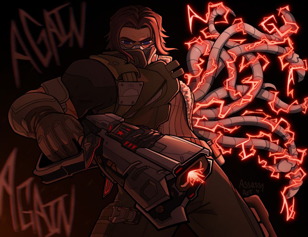 Drawing of Bucky from Marvel Rivals. His right arm is holding a gun, while his mechanical arm is split into tentacle-like shapes with red electricity bouncing off of it. The background reads, "AGAIN! AGAIN! AGAIN!"