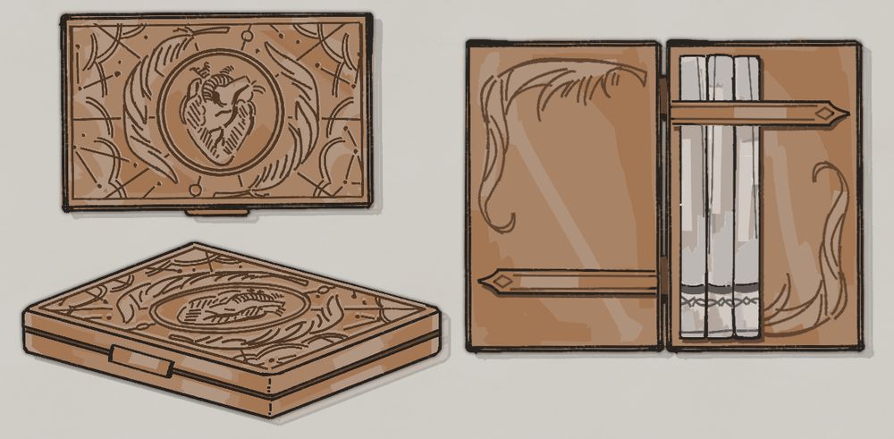 Different views of a metallic cigarette case. On the top view, engraved in the case, a heart is seen in the middle of two feathers. On the open view, inside the case, there are two more feathers engraved. Three white cigarettes can be seen stored in it.