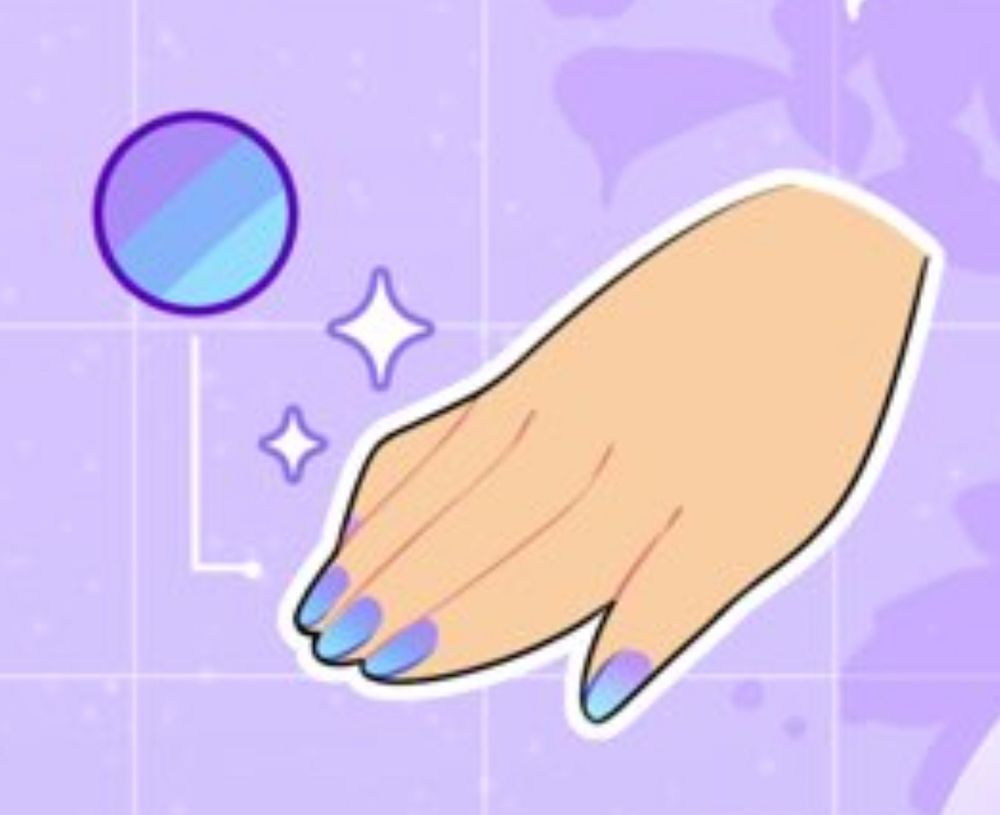 Close up of silly purple hair cat girl hands exhibiting new nails 💅🏼 ombre of purple, light blue, sky blue 