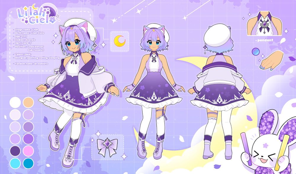 Full design reference sheet of the new 2.0 idol-core design for the silly purple haired cat girl

Reference sheet has 3 full body images which are the following: 1. Full body front of the design of a purple haired cat girl with hime bangs with a gradient from pastel purple to light blue at the tips, a shaggy wavy bob hair cut, a white beret on her head with a cute dangle of a cutout of the lilac flower shape. She is wearing a short sleeveless dress the top of the dress has a collar neckline and the collar is purple the rest of the top is in a vertical pattern divided in 3rds of pastel purple-white-pastel purple the middle white portion has a scalloped design on the edges running vertically. The bottom skirt of the dress is a majority of purple with scattered lilac flower prints going around the bottom it also has an intricate metallic design at the end of the skirt where the purple fabric ends and the white fabric ruffles start. She is wearing asymmetric tights where one leg is in a white tight and the other tight is wearing a knee high sock being kept up by a purple garter. She is wearing pastel purple wedge boots that have a purple collar look at the top of them and the wedges are a darker pastel purple. Finally she is wearing a baggy jacket off her shoulders, the collar of is also dark purple like the collar of the dress and the rest of the jacket is pastel purple with accents of white and the cuffs of the sleeves are in a horizontal line pattern that goes purple-white-purple. 2. The same front view of the outfit but without the jacket and now wearing pastel purple fingerless gloves 3. The back view of the outfit with the jacket on 

It also included closeups of her nails pendant and bows that are on her boots and finally a cute picture of morb the mascot (a white bunny with lilacs in his ears and tails) with idol glow sticks cheering for this silly cat girl 