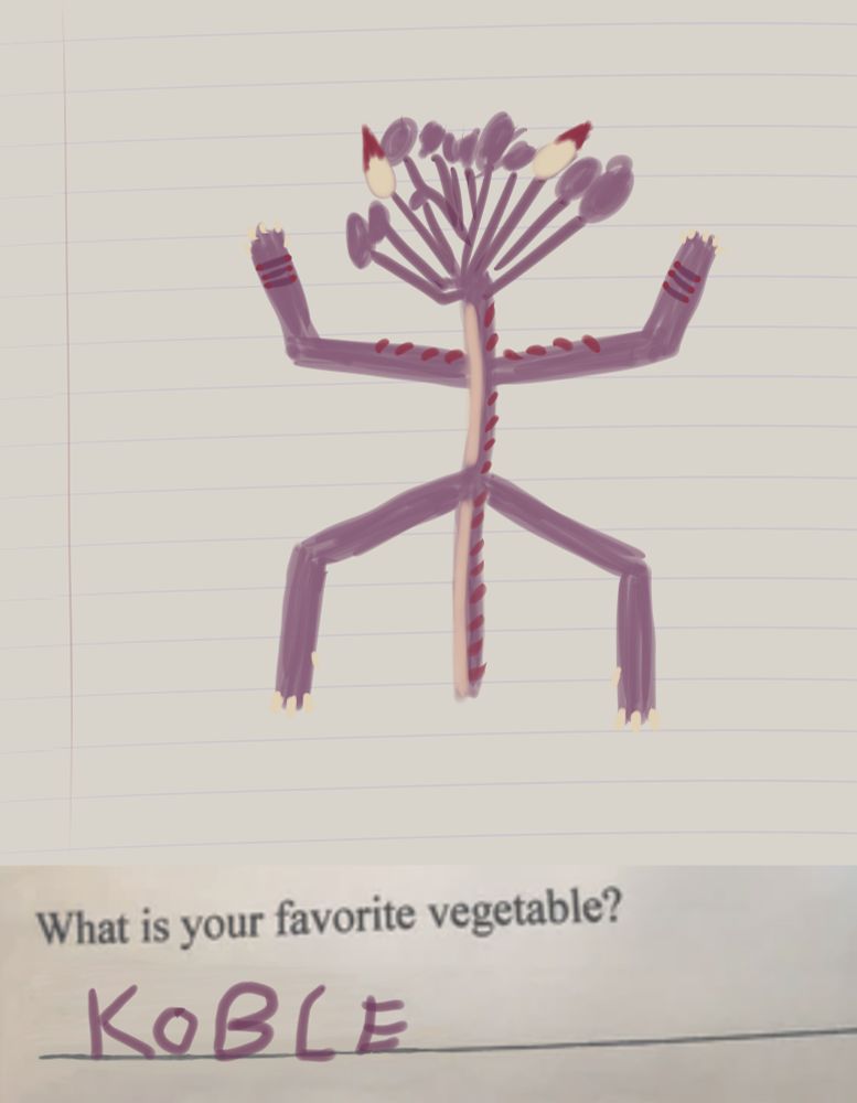 A recreation of the "brogle" meme of a child's school worksheet, representing Carl's kobold OC, Sully. The fill-in-the-blank text at the bottom reads "What is your favorite vegetable? Koble"