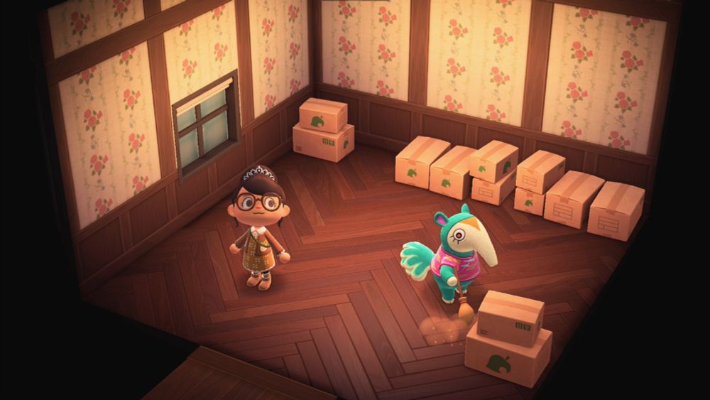 Villager Zoe in boxes, during moving day. Zoe is moving away from Rosie's island SNW in Animal Crossing: New Horizons.