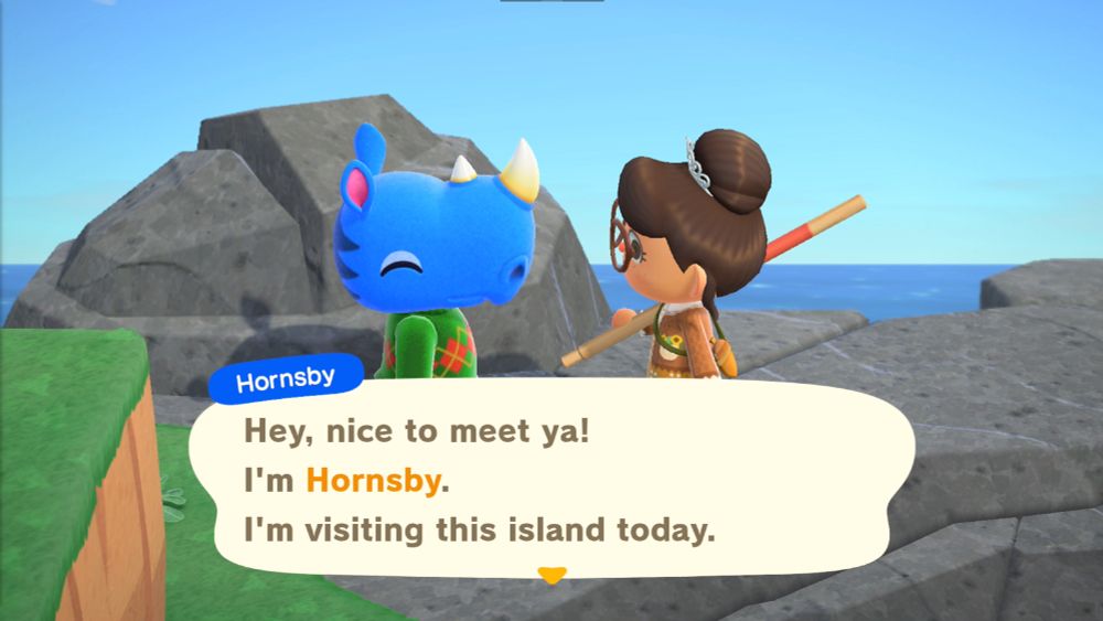 Rosie is talking to Hornsby, a blue lazy rhino villager in Animal Crossing: New Horizons. "Hey, nice to meet ya! I'm Hornsby. I'm visiting this island today."