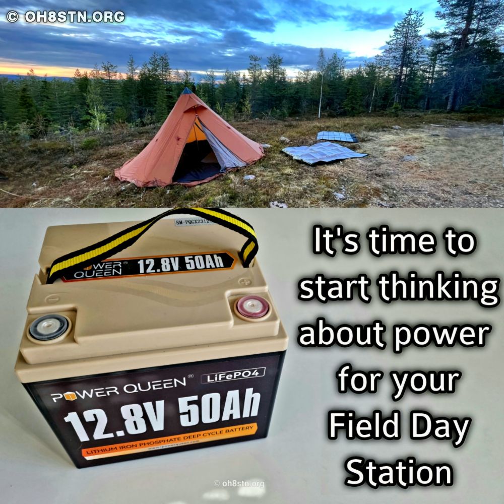 In this photo, we see a tipi tent in Lapland, along with two 100-watt PowerFilm solar panels. There is also a 50 amp-hour LiFePO4 battery from Power Queen.
The images describe the upcoming Ham Radio Field Day, and the urgency to begin planning a power strategy for your Portable Ham Radio Field Station.