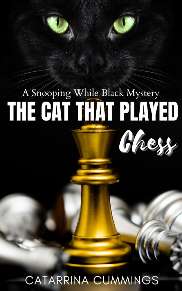 A black cat with green eyes looms over a golden king chess piece, while three silver pieces lie nearby, toppled from their upright position.
