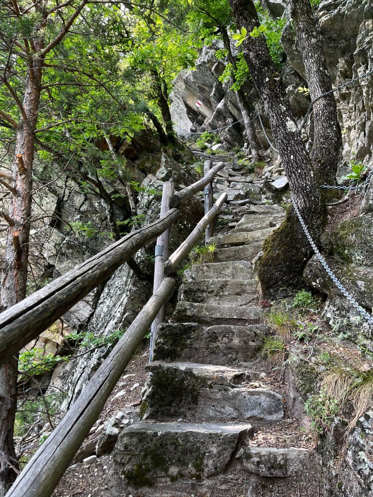 Eine steile steinerne Treppe in einem Bergwald, gesichert mit Ketten und grob gezimmerten Handläufen.