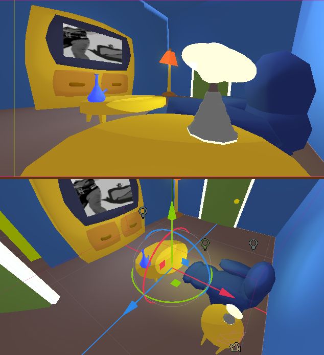 Screenshots from the main room in our game, "Channel 666".