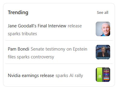 The three Trending topics on Substack, all about different subject matters (Jane Goodall, Pam Bondi, NVIDIA) all of which 'spark' a reaction. This is not poetry, fellas, repetition is bad in conversational English. It makes the human who wrote this look like a tool... except, this wasn't written by a human, was it?