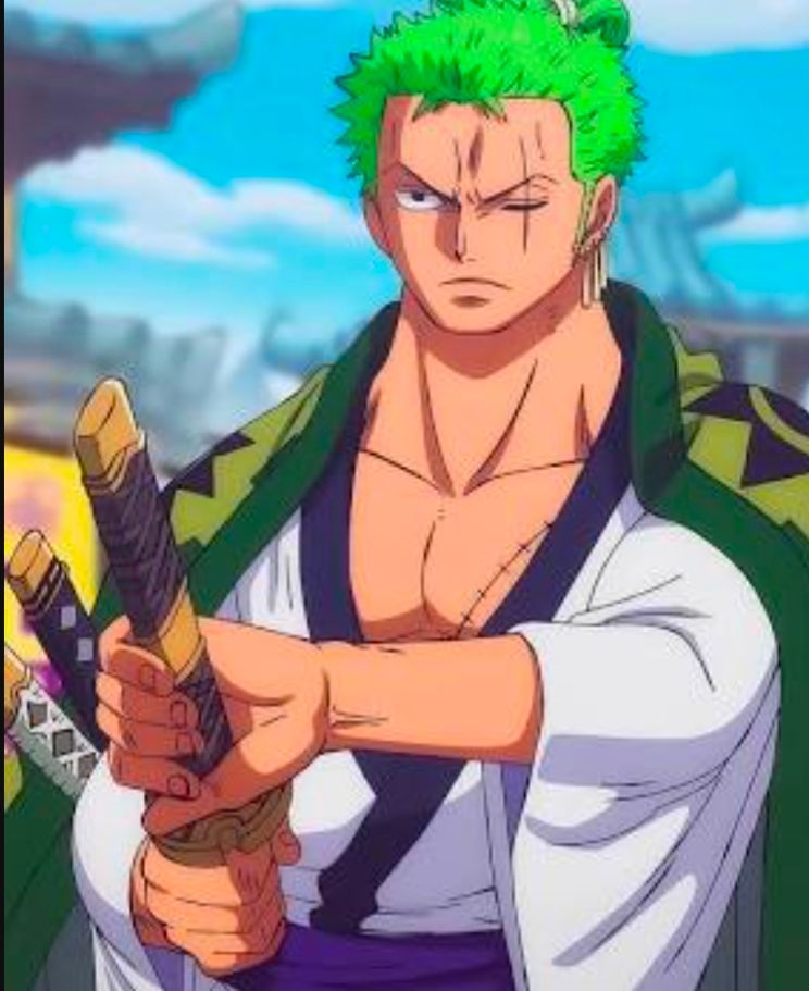 Zoro in Wano with his colorful white and purple kimono and cloak with the green and purple sun pattern. He looks intensely serious as he grips the hilt of his sword, readying himself. 