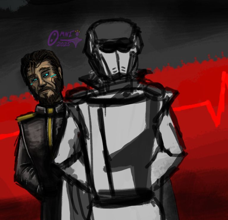 A snippet from the Webcomic GENTRY DOLAAN AINT NO FASCIST GDANF (specifically the upcoming issue #35).

Gentry Dolaan (A tan man with a mop of slicked back brown hair and glowing cyan cybernetic eyes) is standing in his fully gold-and-grey dress uniform, peering over the shoulder of a still-sktechy drawing of Inspector III (A solider in full white cloth armor with vaguely fascistic design motifs). The background is a splash of red over a gray field.