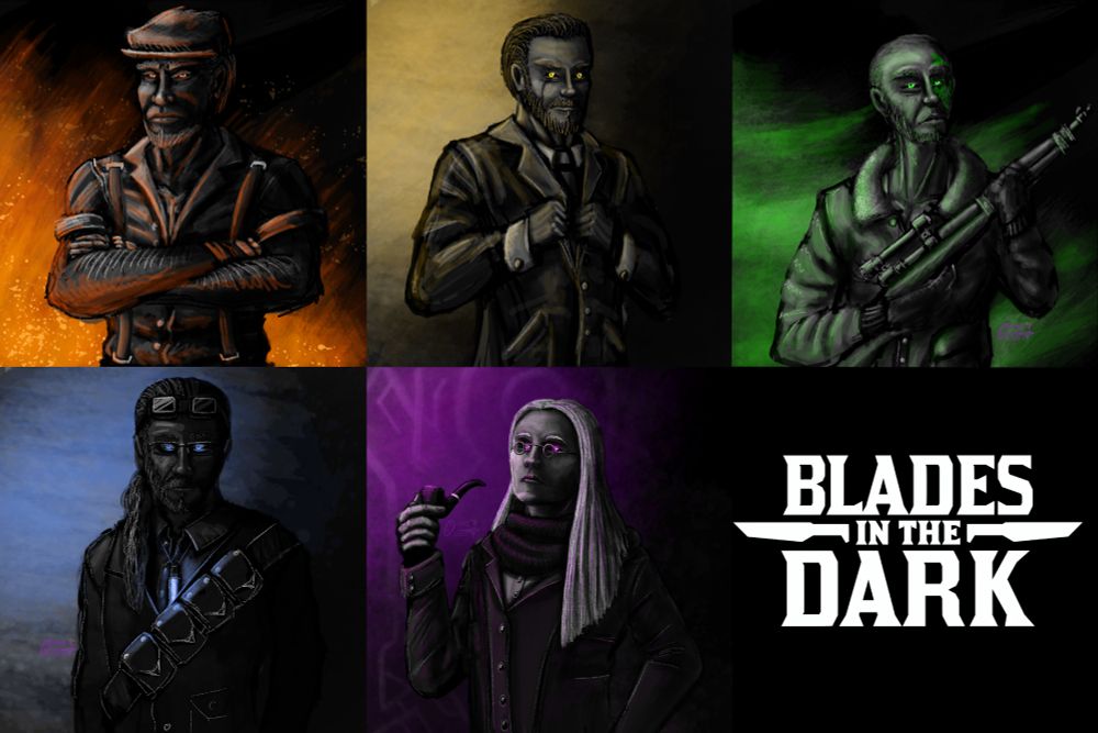 A tessellation of all the character portraits Omni did for Ampersand Productions "BLADES IN THE DARK" campaign. Credit to Mossy for arranging the pictures this way.

Each of the five portraits is a largely monochromatic picture with only one dominant color over a largely black background, with a sixth space taken up by a pure black background and the BLADES IN THE DARK logo.

Going Top Left to Bottom Right

Panel 1: A Muscular man (KRISTOV aka "Sledge", played by Mossy) with a news cap, cropped beard, suspenders and a button up shirt rolled up to the biceps, illuminated by orange flames.

Panel 2: A dapper man (BEREN aka "Wentry", played by FeyEarth) with a large scar running down his left cheek hidden only partly by a neatly groomed beard, straightening his fine suit as golden light illuminates him in the hazy air.

Panel 3: A bald man (MORRIS aka "Fish", played by CleeTTRPG) with a green fish tattoo over his left eye, a patchy beard, weathered complexion, heavy military jacket and a scoped long rifle stands in a glowing green fog.

Panel 4: A Man with a beard and long hair (OKHAM aka "Rigger" played by TheLastOmnitect) stands with a bandolier, welding googles on his forehead, long sleeve shirt, a leather vest and a pair of square glasses is illuminated by a glowing blue vial around his neck and a pale blue glowing light behind him.

Panel 5: A woman (played by Arandomelle) with flowing white hair, a pair of round spectacles, a black frock coat, a black scarf and a smoking pipe in her hand, is illuminated by the glow of her violet eyes and faint glowing ghost runes behind her.

Panel 6: A black panel of the Blades in the Dark logo.