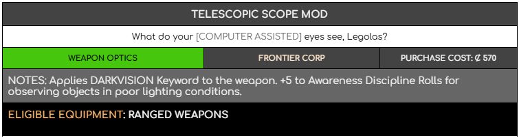 A screen cap of the old format for the Telescopic Scope Mod in Omni's "LEGACY: FIRST FLIGHT" Indie TTRPG. The weapon rarity is only indicated by a Green color backing in one part of the table, with no text to denote what it means.