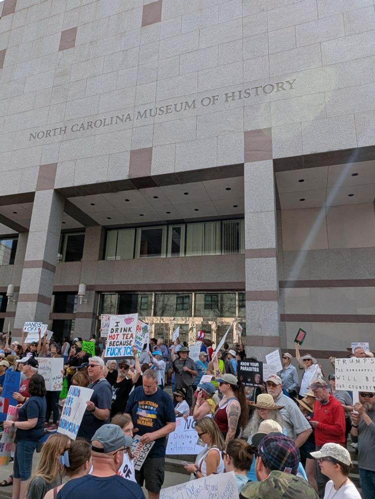 Hands off protesters in front of the North Carolina Museum of History 