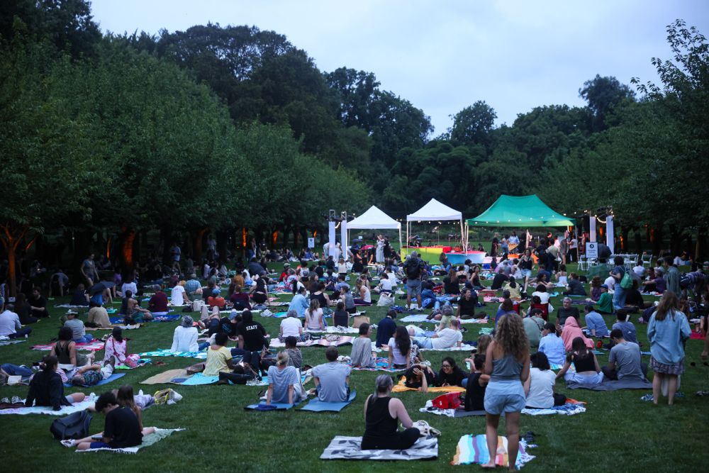 Many people sit on blankets on a lawn edged by trees looking at a musical performance in the center of the lawn under several tents.