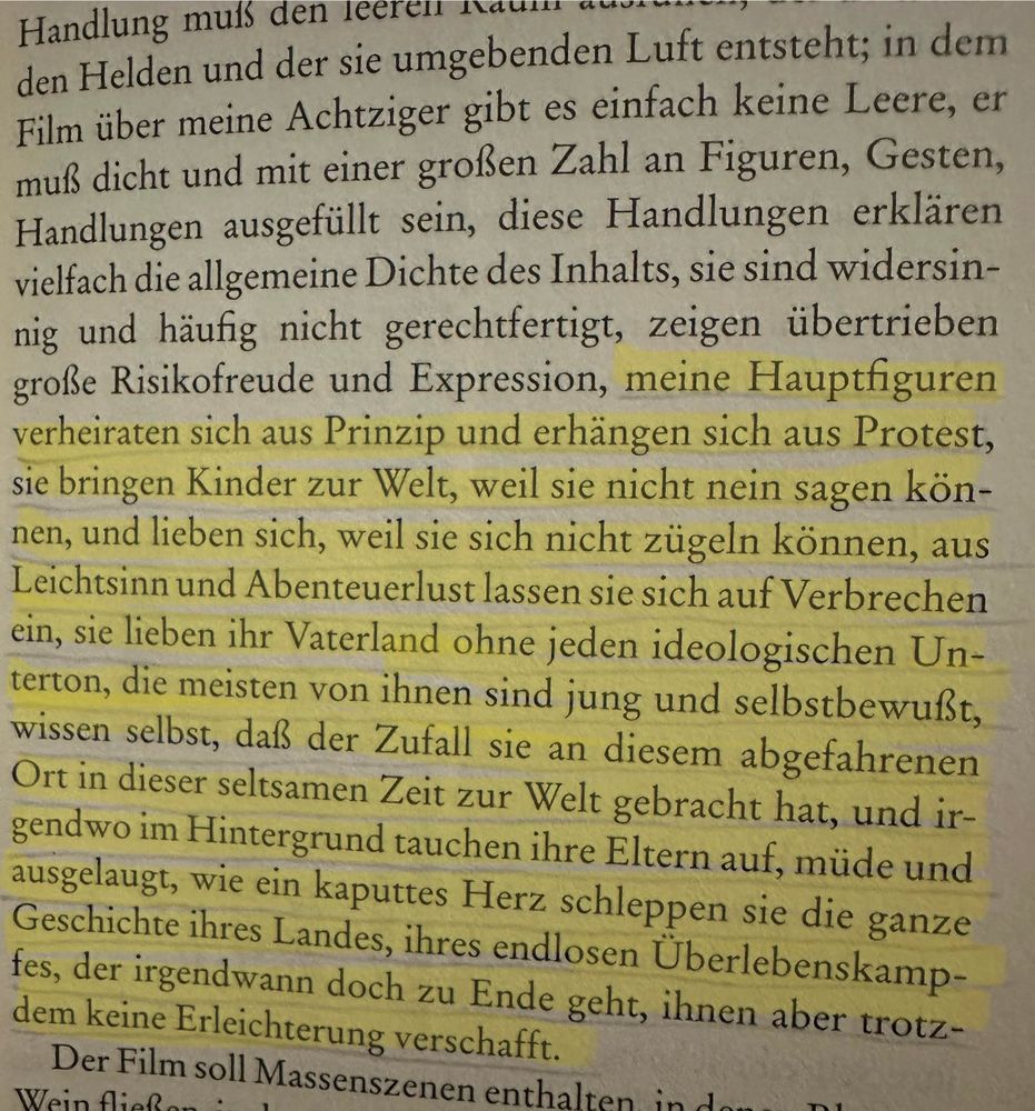 The image features a page of text in German, discussing themes of heroism, existential struggles, and the complexities of relationships. Key points include the actions of characters who marry out of principle, protest, and the challenges they face in bringing children into the world as well as the parent generations struggling.