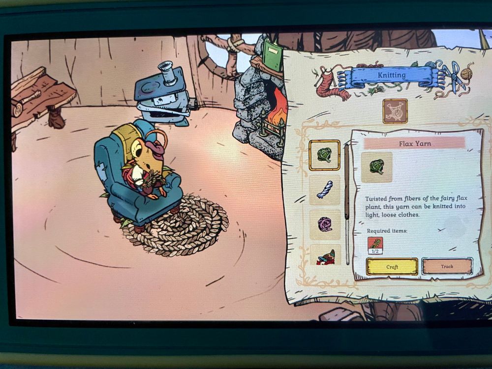 An image of a mouse knitting in the video game Winter Burrow