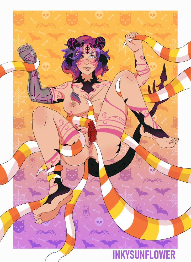 An illustration of an Au Ra woman from Final Fantasy 14. She has dragonlike features is held up by a set of candy corn-coloured tentacles. She has warm brown skin with intricate pink markings. She has purple and pink hair, and a metal arm. Two red shafts push out of her slit, and she smirks playfully as she wrangles the tentacles.