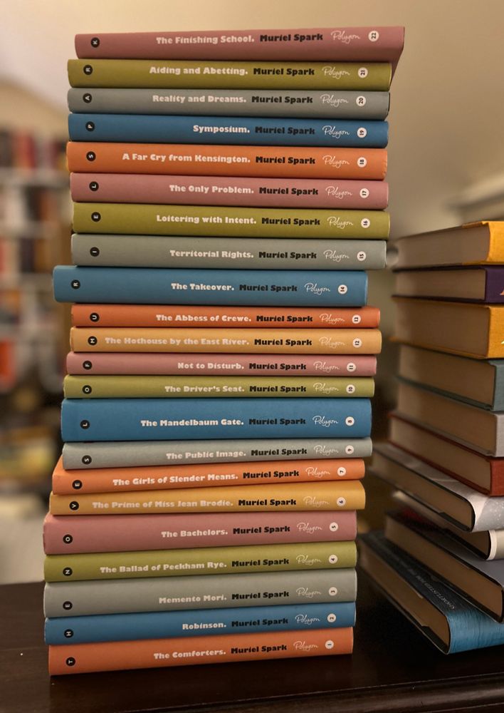 A pile of Polygon/Birlinn editions of Muriel Spark’s novels, which were released to celebrate her centenary. 