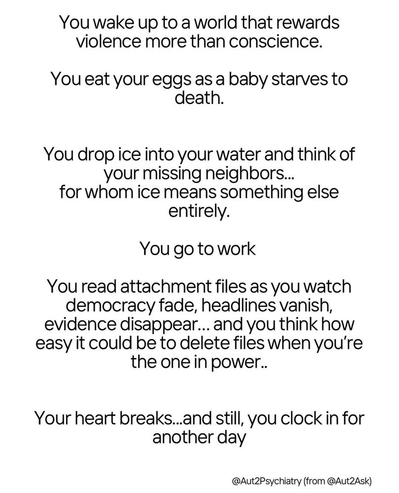 Text from a poem we wrote about the current events. 

“You wake up to a world that rewards violence more than conscience.
You eat your eggs as a baby starves to death.
You drop ice into your water and think of your missing neighbors....
for whom ice means something else entirely.
You go to work
You read attachment files as you watch democracy fade, headlines vanish, evidence disappear... and you think how easy it could be to delete files when you're the one in power..
Your heart breaks...and still, you clock in for another day”