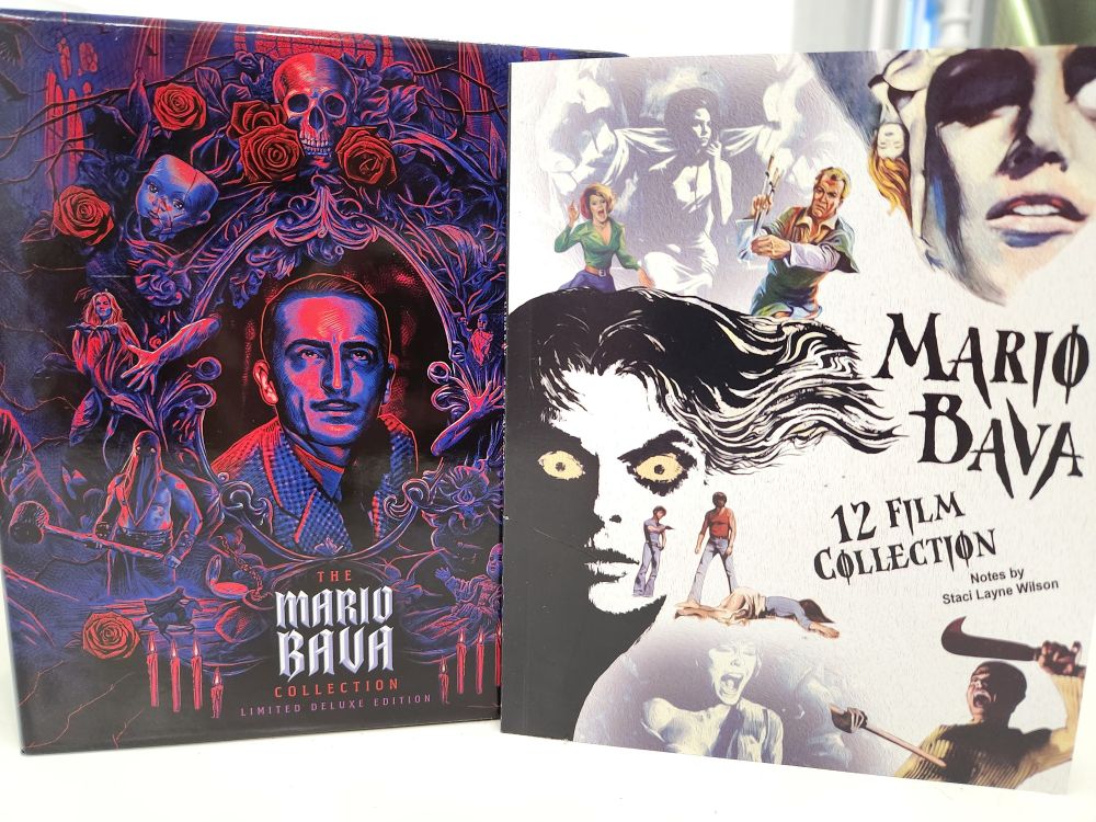 Shout Factory's The Mario Bava Collection box set, featuring a booklet and red and blue gothic art with Mario Bava in center