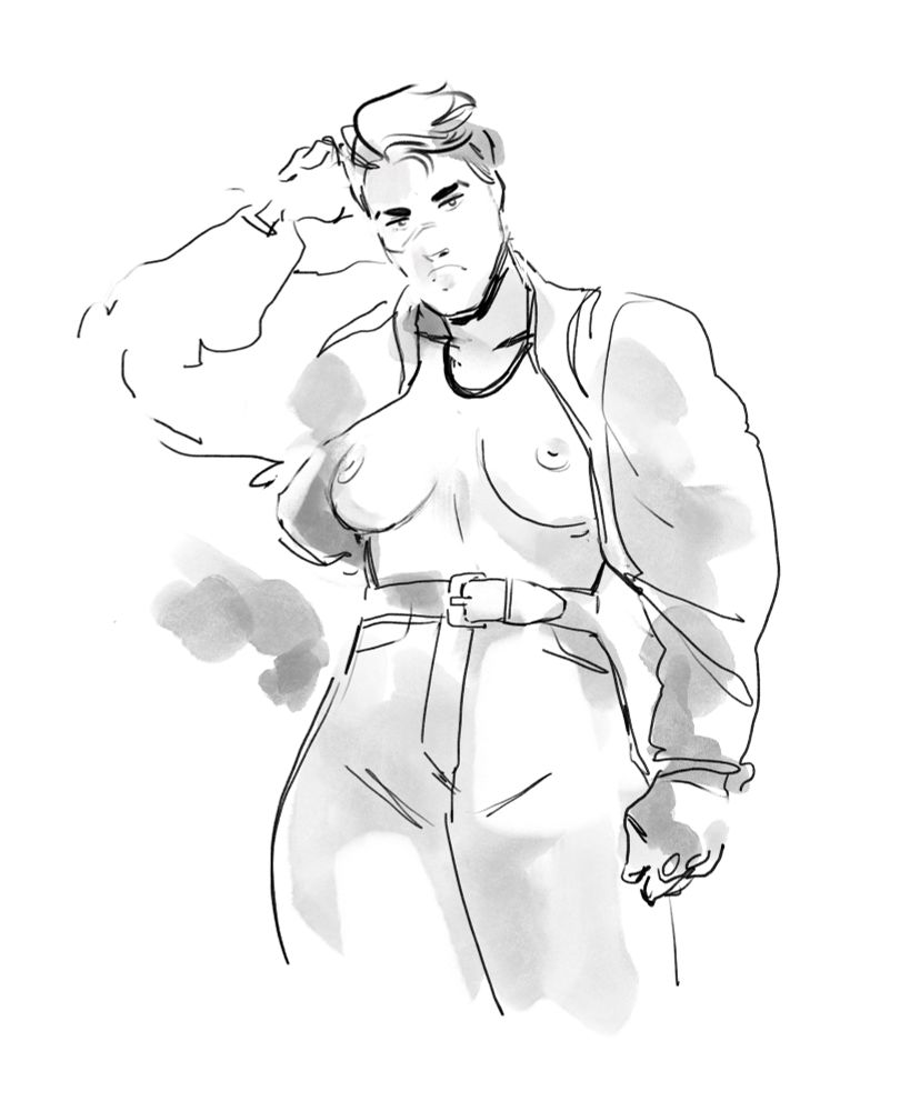 a loose black and white drawing of Cass, a character from my graphic novel series Cosmoknights. she is a tall, muscular, blonde butch wearing a bomber jacket with nothing but a chain underneath, her breasts exposed above belted high waisted jeans. her hand is casually behind her head in this pose, staring down the viewer