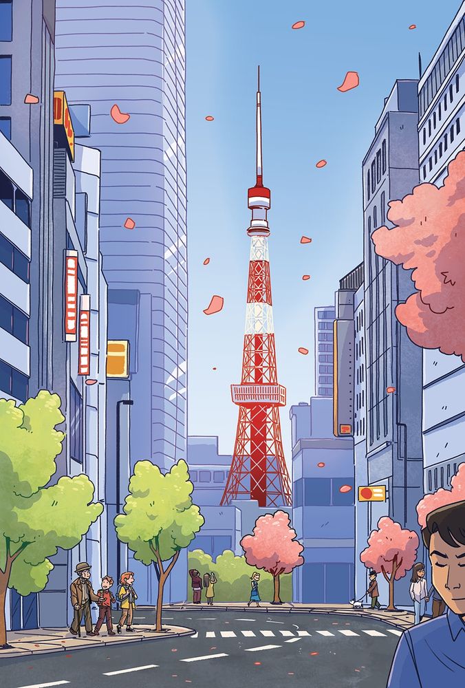 An older man accompanies two white children with red hair (brother and sister) out onto a beautiful tree-lined street in Tokyo. The Tokyo tower is visible in the distance.