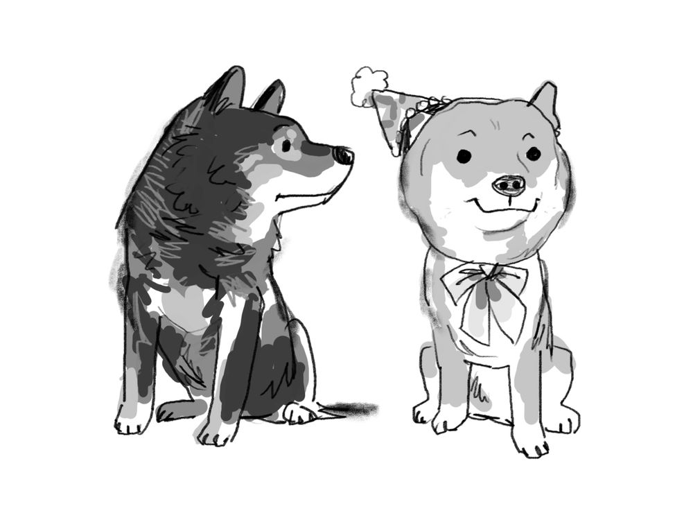 A drawing of a pair of dogs, one with a birthday hat and bowtie and the other looking at them