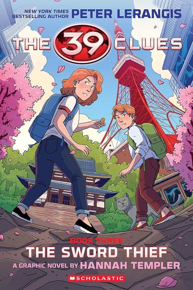 the cover for The 39 Clues: The Sword Thief Graphic Novel, by Hannah Templer. The cover depicts two white children with red hair, a brother and sister, standing and looking cautiously over their shoulder while exploring Tokyo city. The sister holds a coin, while the brother stands with a small gray cat named Saladin.