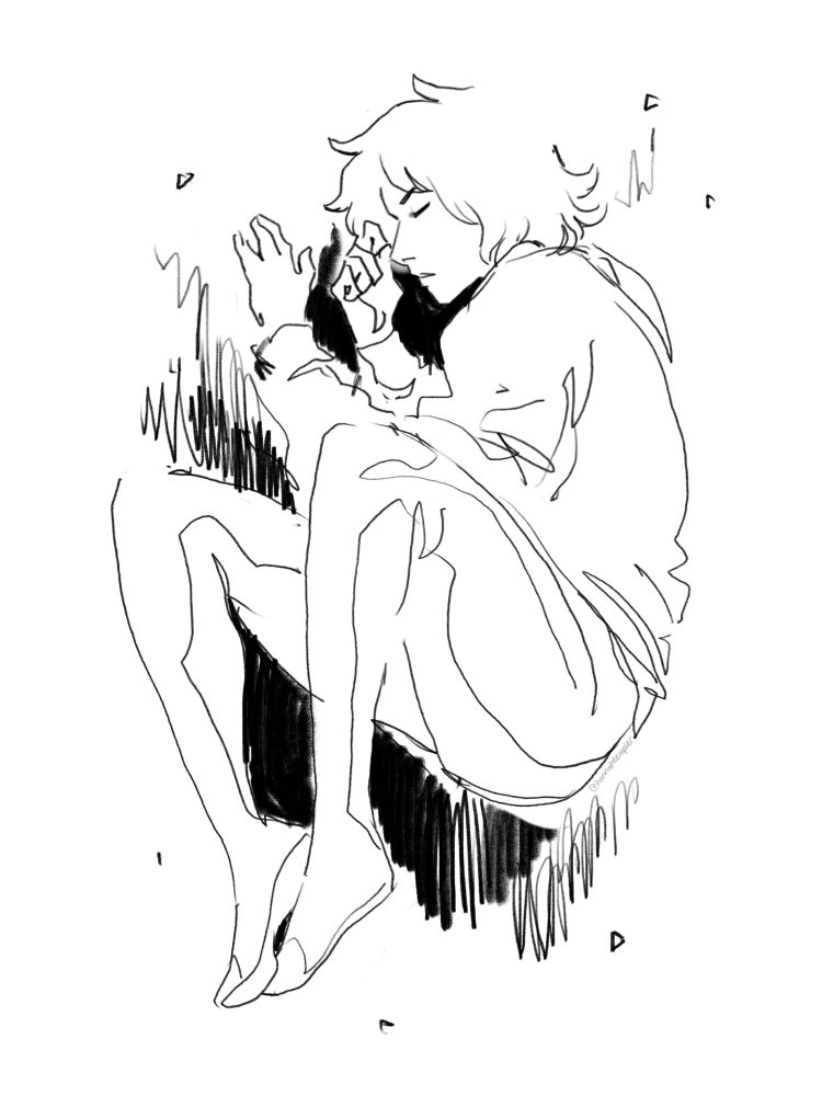 a loose black and white sketch of Pan, the protagonist of my scifi graphic novel series Cosmoknights, curled up in white space with her eyes closed. pan is a young white woman with short, messy hair, and in this illustration is wearing a baggy sweater over a spacesuit