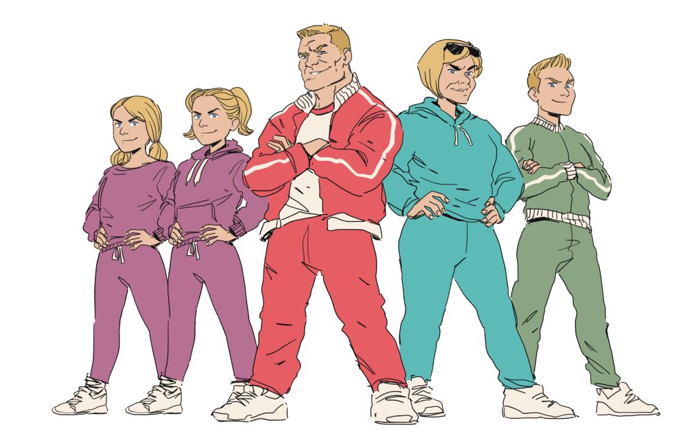 Character sheet for the Holt family. They are white and blonde and all wearing matching tracksuits and look like they could beat you up.
