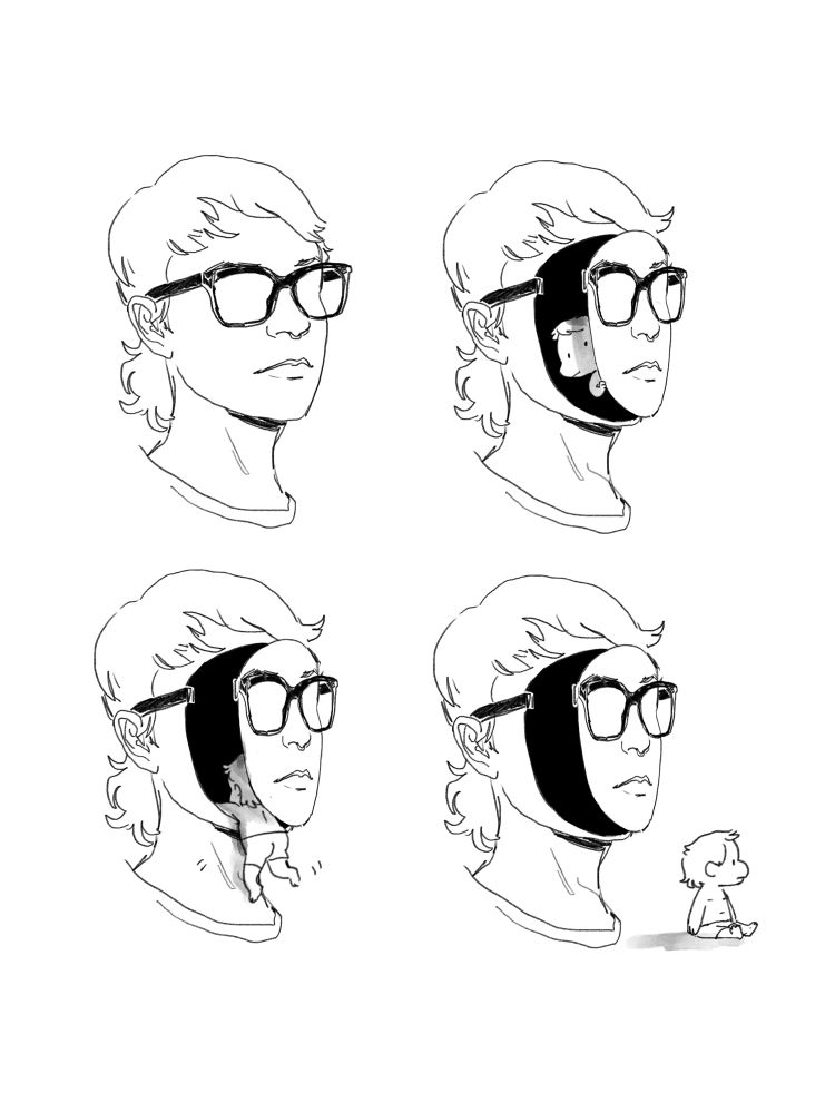 A simple digital pencil black-and-white four panel comic. each panel depicts a stylized but more realistic self portrait of my head, but starting in the second panel my face hinges open and a small cartoony baby version of me climbs out. in the last panel baby me sits down next to realistic me's bust with an open faceplate