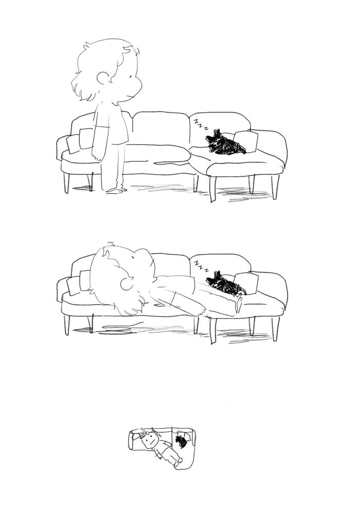 A three panel loosely drawn cartoon of me approaching my couch to see my little black dog asleep on it. I then lie diagonally across the main part of the couch and the sectional being sure not to disturb my dog who is in the corner of the couch. The last panel shows me from above, lying across the diagonal part of the sectional looking uncomfortable