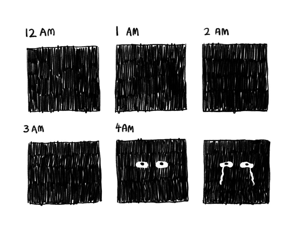 a six panel black and white comic drawn in loose digital pencils. 5 panels, each marked 12am, 1am, 2am, 3am, and 4am are filled in black, but in the fourth panel (4am), two white eyes appear in the darkness. the next panel (unmarked by a time) is the same drawing of eyes in the darkness, but now they are streaming with tears