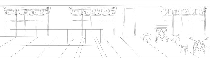 A cafe style room in perspective, but it’s just a rough sketch, bar to the right tables to the left.