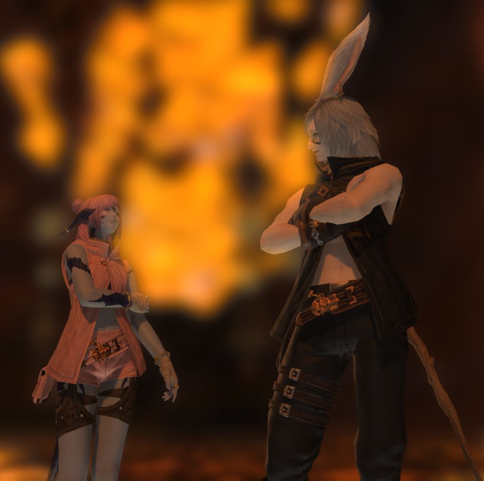 Player characters from the game final fantasy 14 standing next to each other after completing the titan trial  