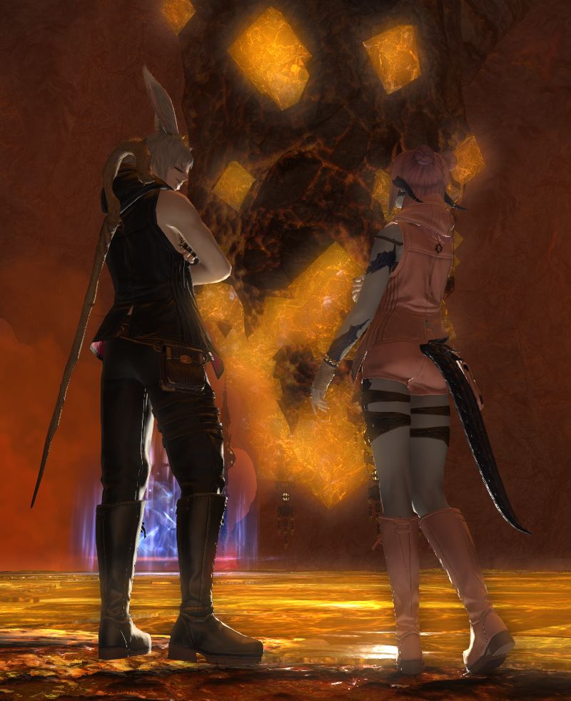 Player characters from the game final fantasy 14 standing next to each other after completing the titan trial 