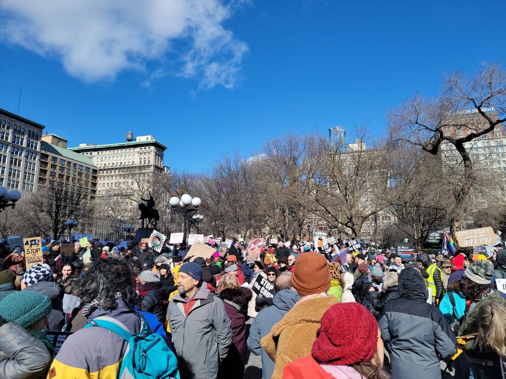 An extremely packed crowd, large, many signs, in a park. Probably 500 people in this photo at least