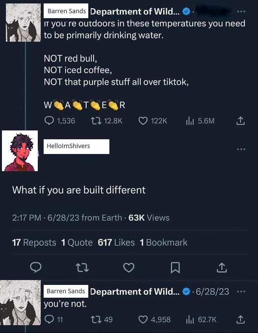 A tweet from Cassidy named Barren Sands Department of Wildlife that says “If you’re outdoors in these temperatures you need to primarily drinking water. Not Red Bull, not iced coffee, not that purple stuff all over TikTok, water (spelled with a clap emoji in between each letter). There is a reply from Shivers’ account called hello I’m Shivers that says “what if you are built different” and Cassidy’s reply under that is “you’re not.”