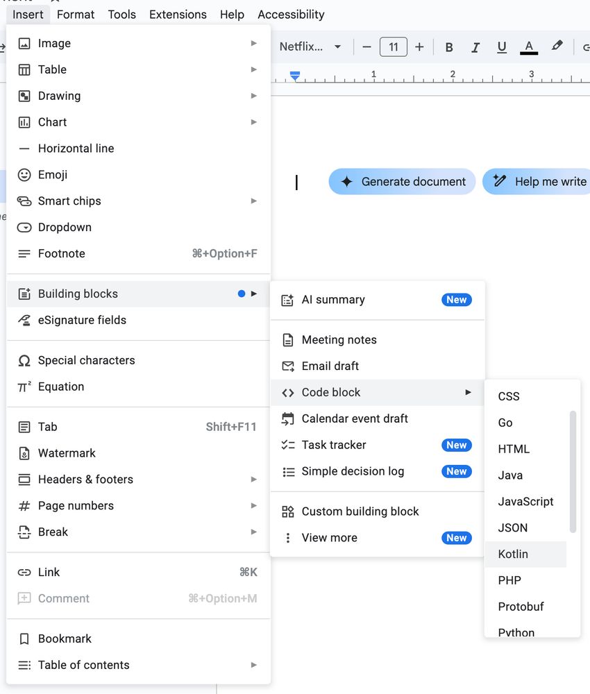 screenshot of google docs showing an option to insert a code block that uses kotlin syntax highlighting