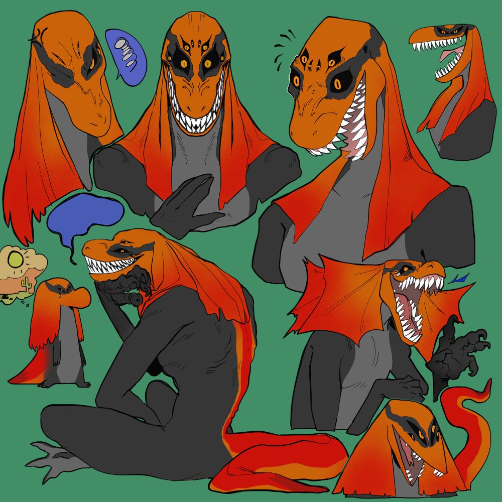 orange/black lizard. very toothy. black scalera. art by vargur.bsky.social