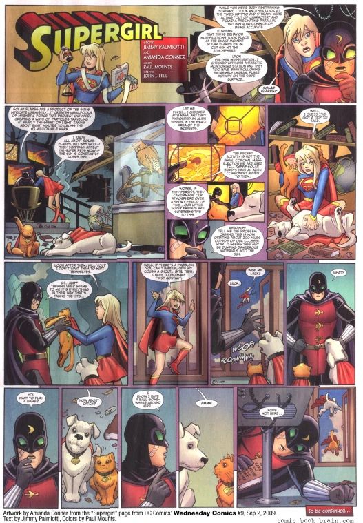 Page 9 of the Supergirl comic from Wednesday comics with Supergirl, Dr. Midnite, Streaky, and Krypto.