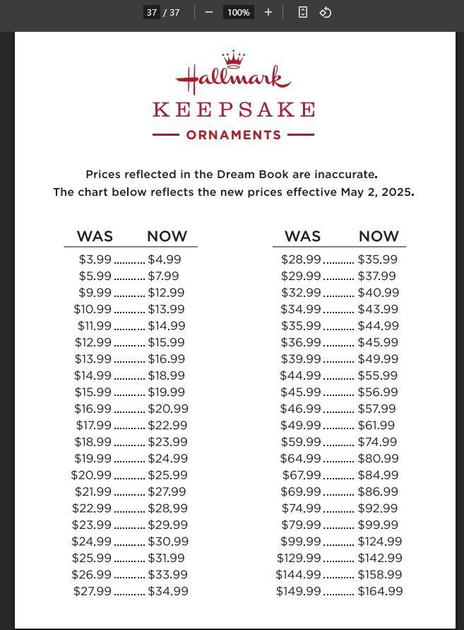 Price update page from the online version of Hallmark's 2025 Dream Book with all prices now increased by 25 to 30%