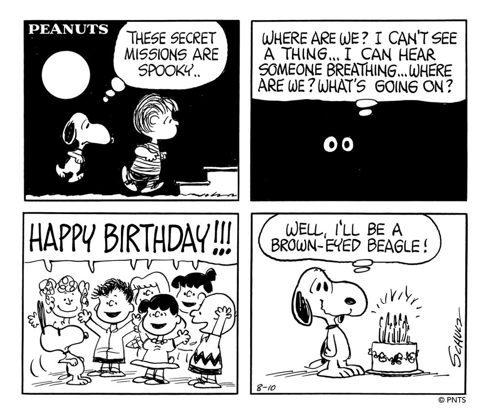 Peanuts strip from August 10, 1968.  Panel 1:  Linus and Snoopy approaching a doorstep in the night with a full moon Snoopy "These Secret missions are Spooky"  Panel 2 Snoopy in the dark with only his eyes visible "Where are we? I can't see a thing ... I can hear someone breathing ... where are we?  What's going on?"  Panel three:  The lights go on, the peanuts gang is there saying "HAPPY  BIRTHDAY !!!".  Panel 4: Snoopy with a birthday cake thinking "Well, I'll be a Brown-Eyed Beagle!"